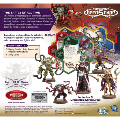 Heroscape Heroes of Aboreas expansion with 5 unpainted fantasy miniatures and army cards for tabletop gaming