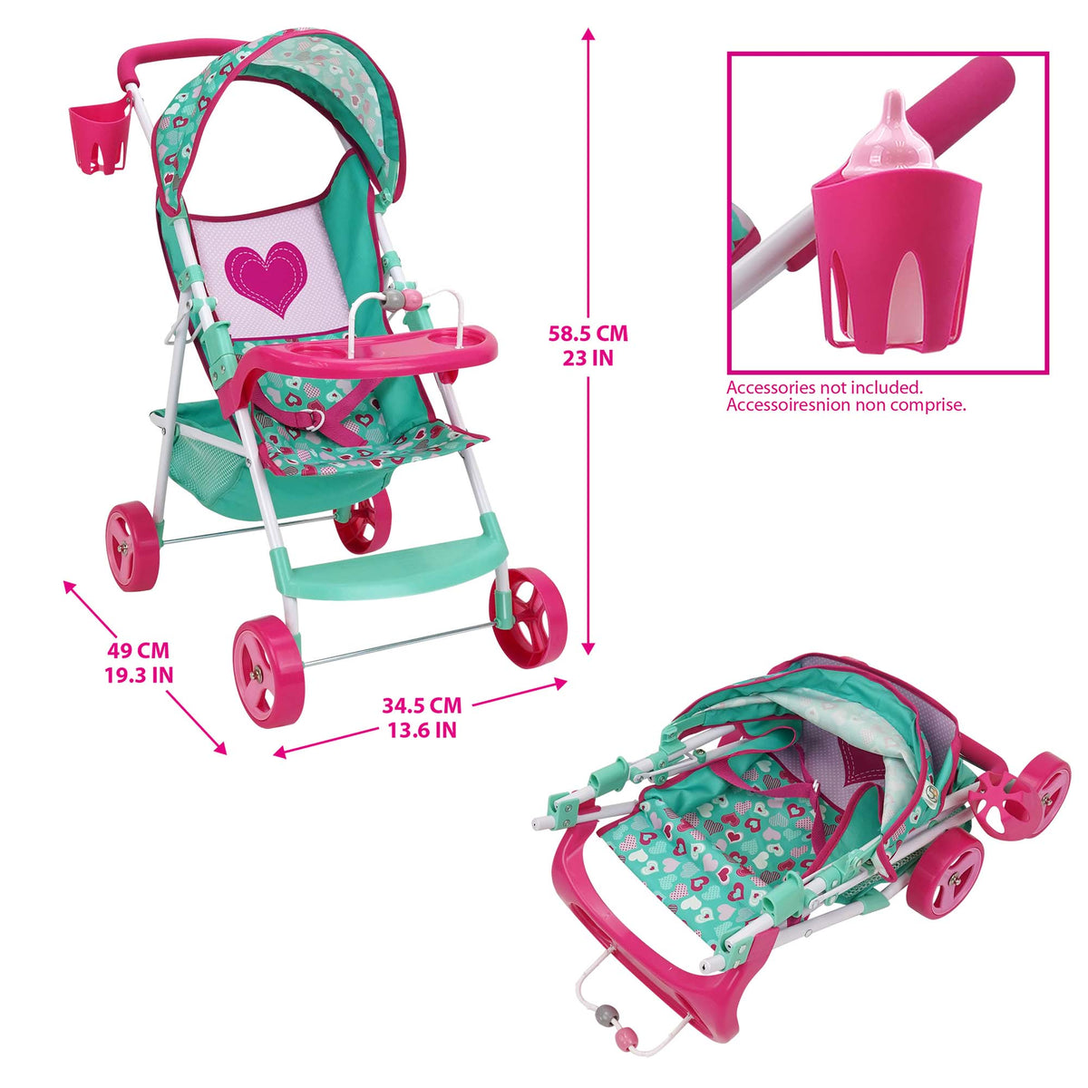 Mint Heart Sarah doll stroller in turquoise and pink with heart design, shown assembled and folded, 23 inches tall