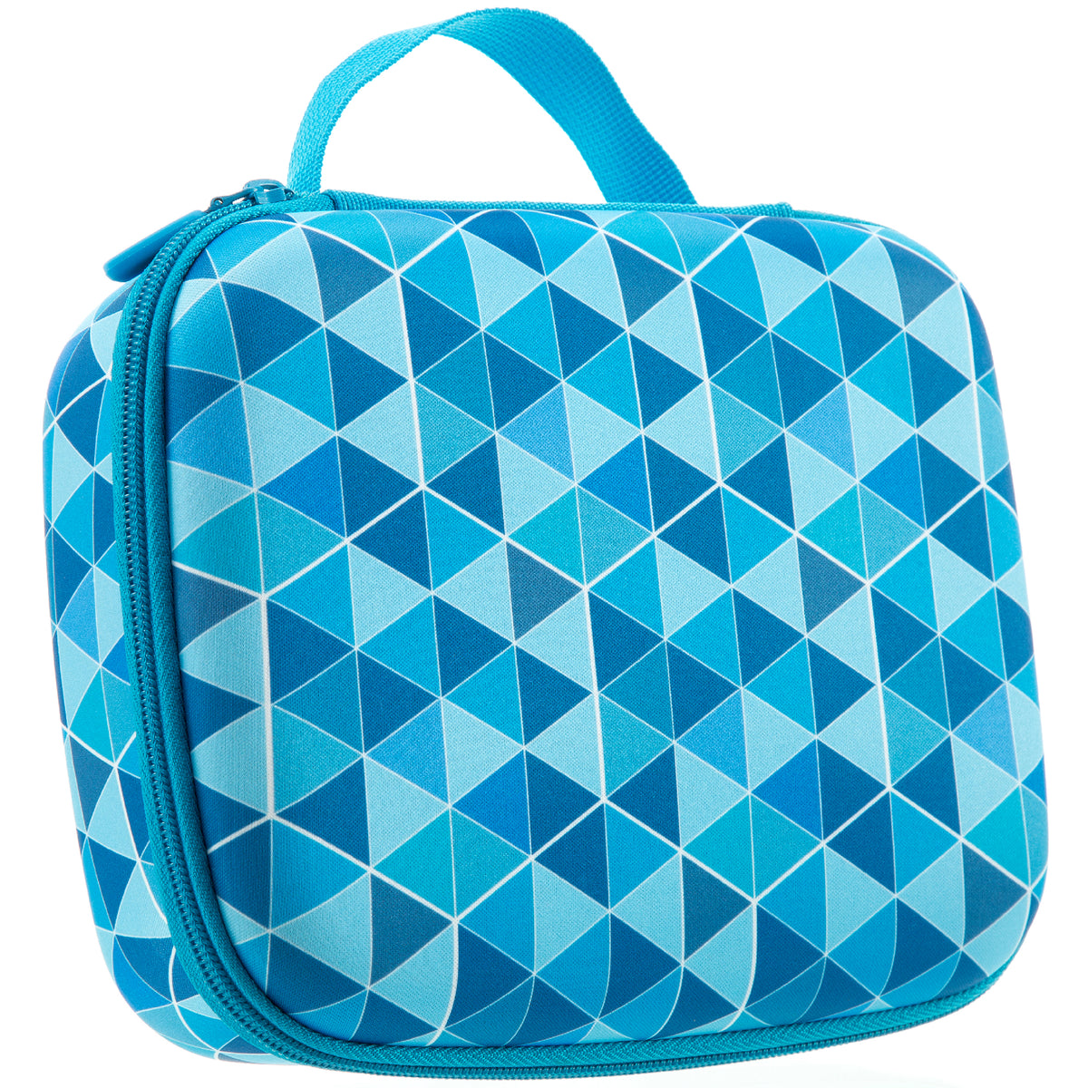 ZIPIT Jumbo Pencil Case in blue with geometric triangle pattern and carrying handle
