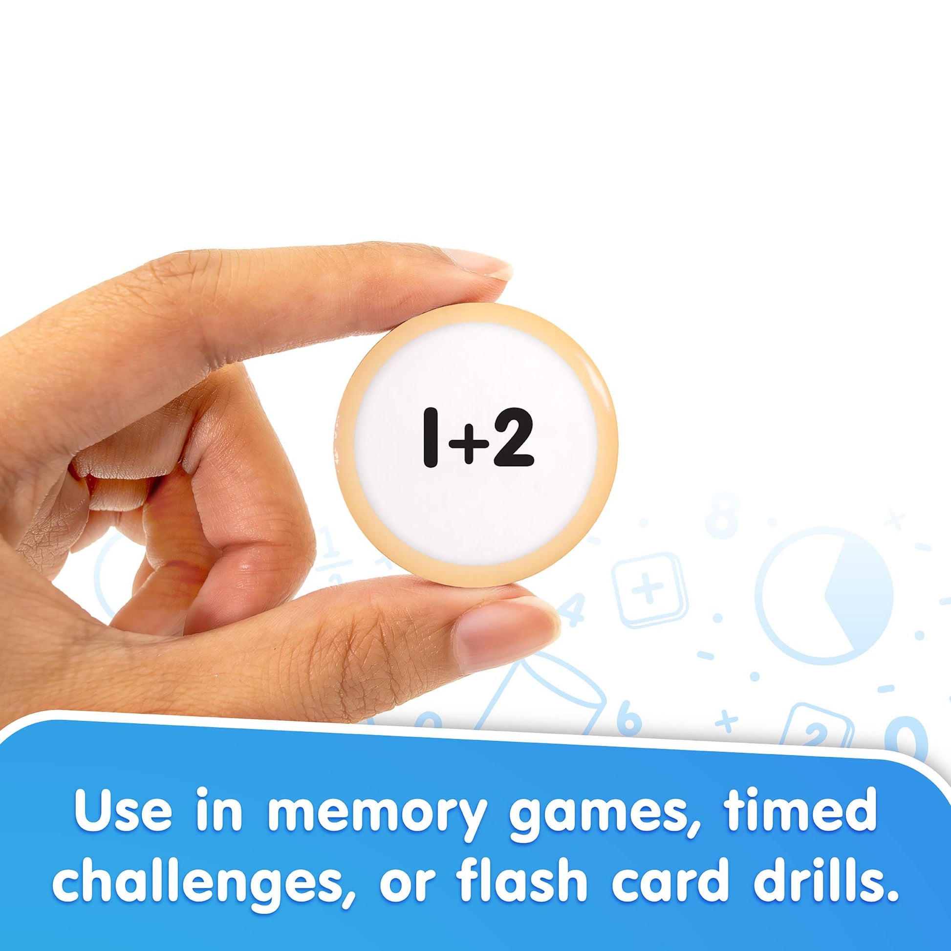 Snacks: Addition flash card showing '1+2' math problem for memory games