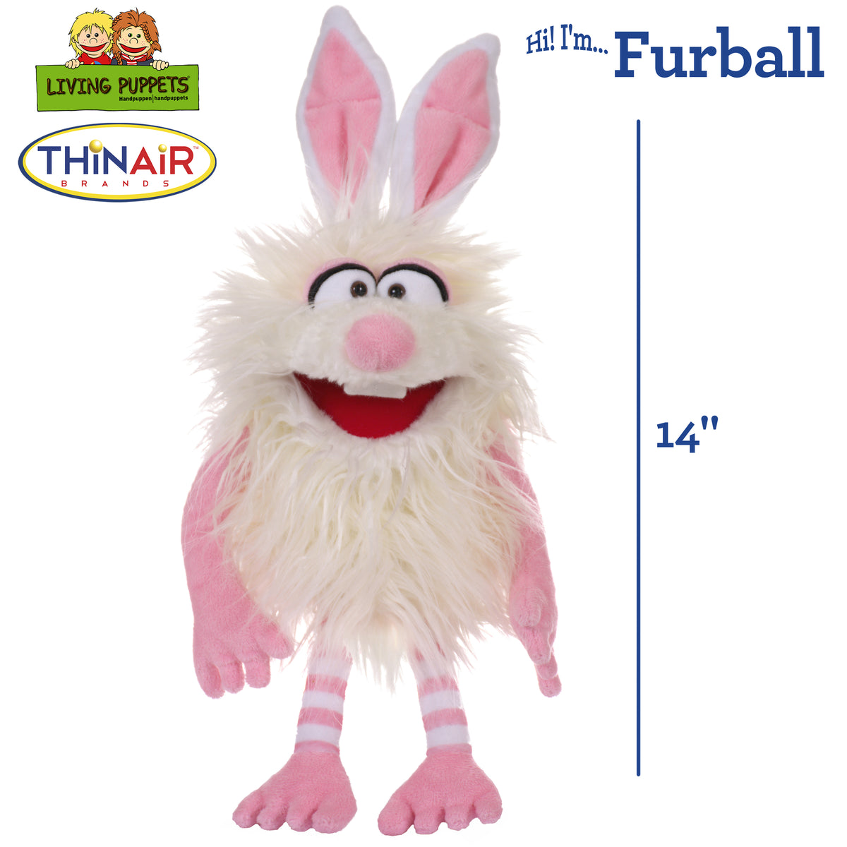Living Puppets Furball white bunny rabbit hand puppet with pink ears, nose, and striped legs