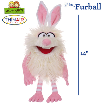 Living Puppets Furball white bunny rabbit hand puppet with pink ears, nose, and striped legs