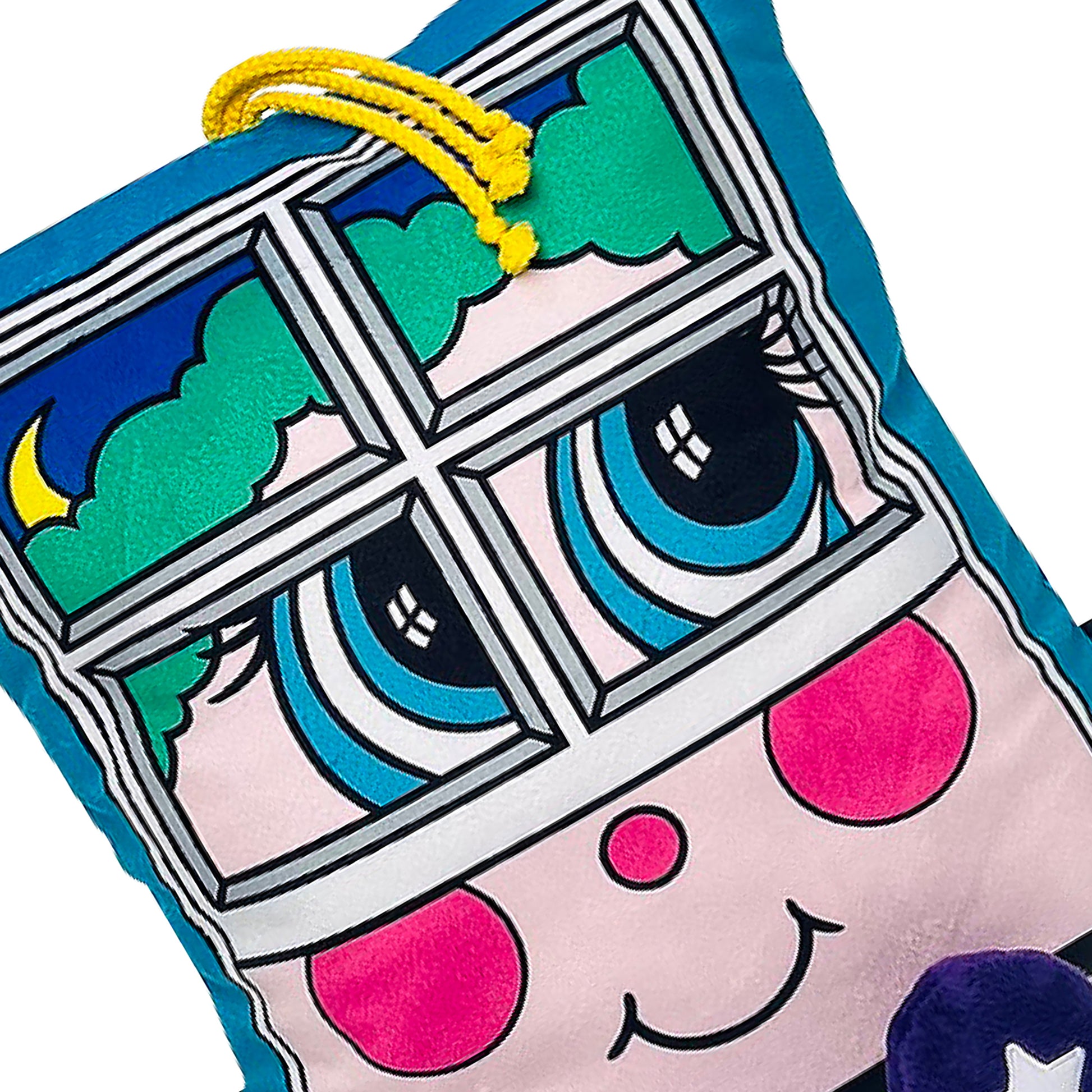 Pillow People Window Rattler plush toy with colorful 80s design, pink face and blue window details