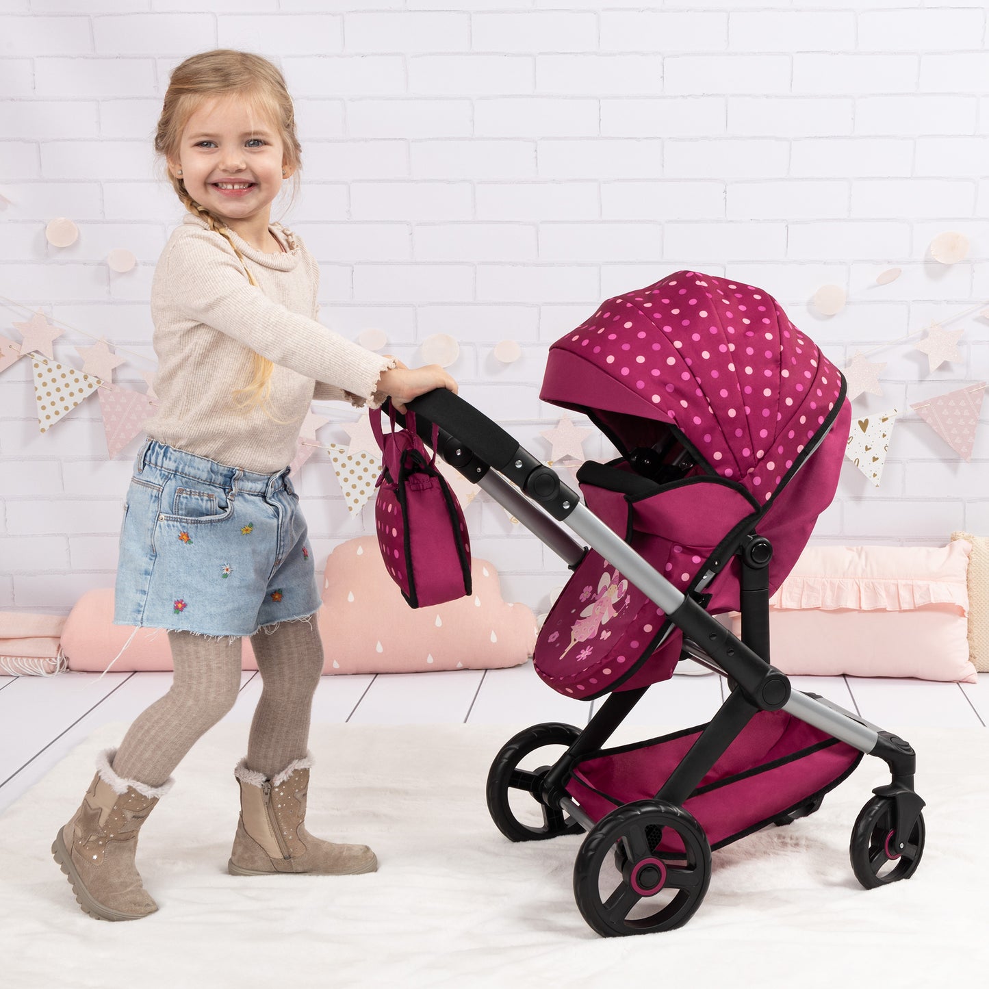 Bayer Design Doll Pram Xeo - Convertible Pushchair & Stroller, Stars Design, for 18" Dolls