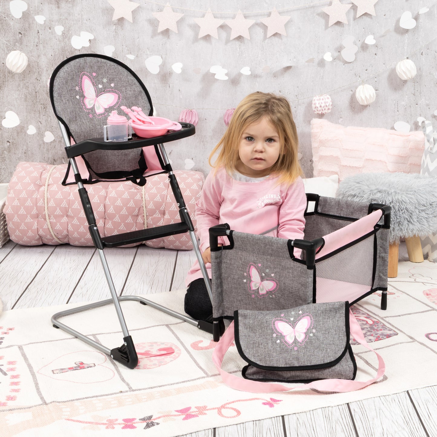 Bayer Design 9-in-1 doll travel bed set in grey and pink with butterfly design