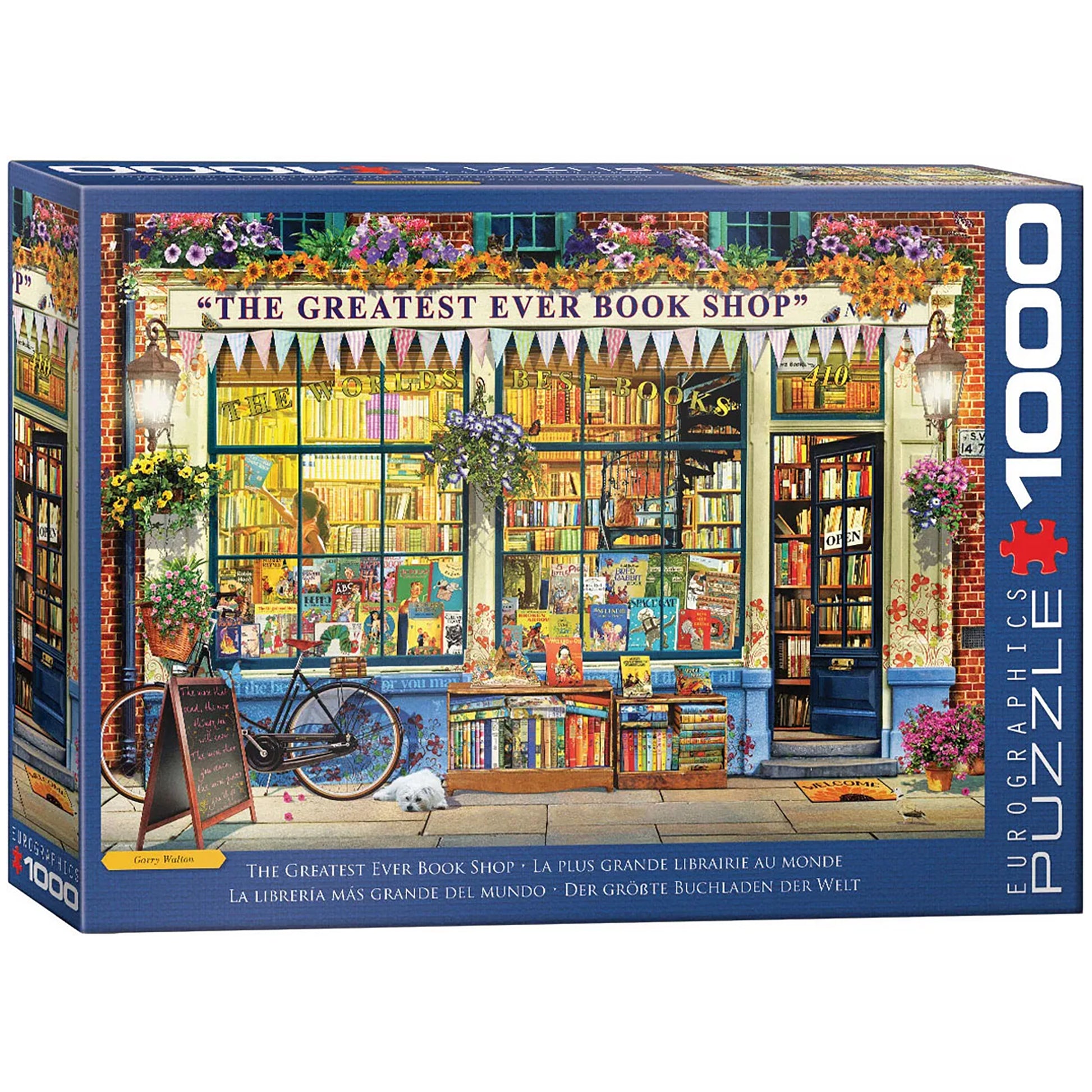 Eurographics 1000 Piece Puzzle: The Greatest Ever Book Shop featuring colorful storefront with books and flowers