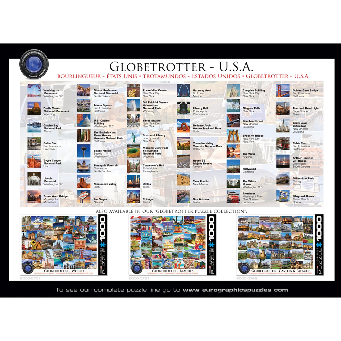 Eurographics Globetrotter USA 1000 piece jigsaw puzzle featuring iconic American landmarks and travel destinations co...