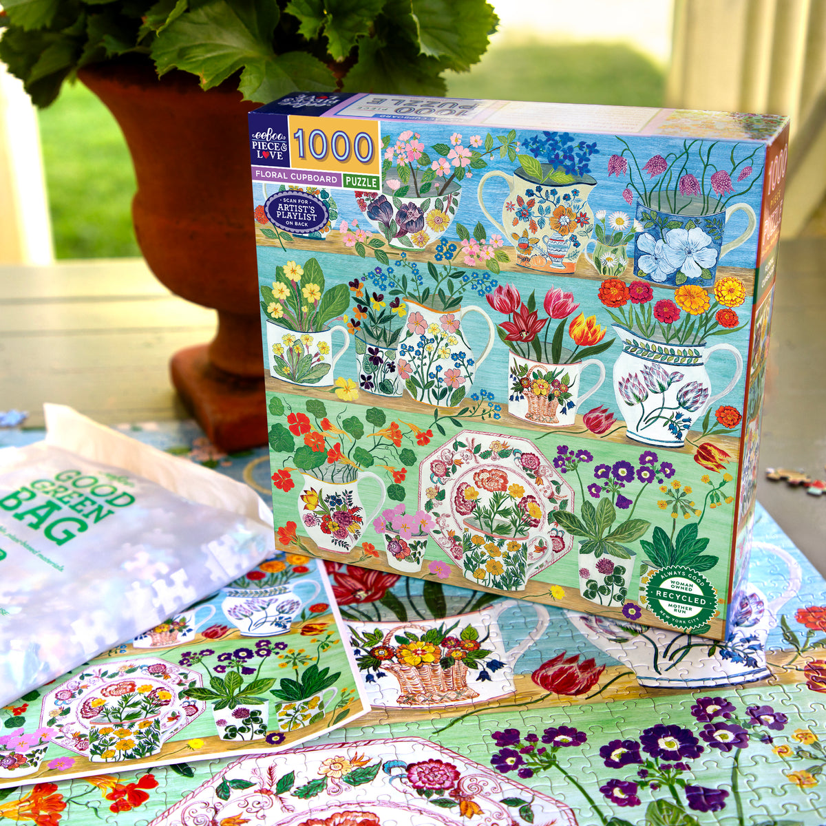 eeBoo Floral Cupboard 1000 piece puzzle box with colorful flower and teacup design