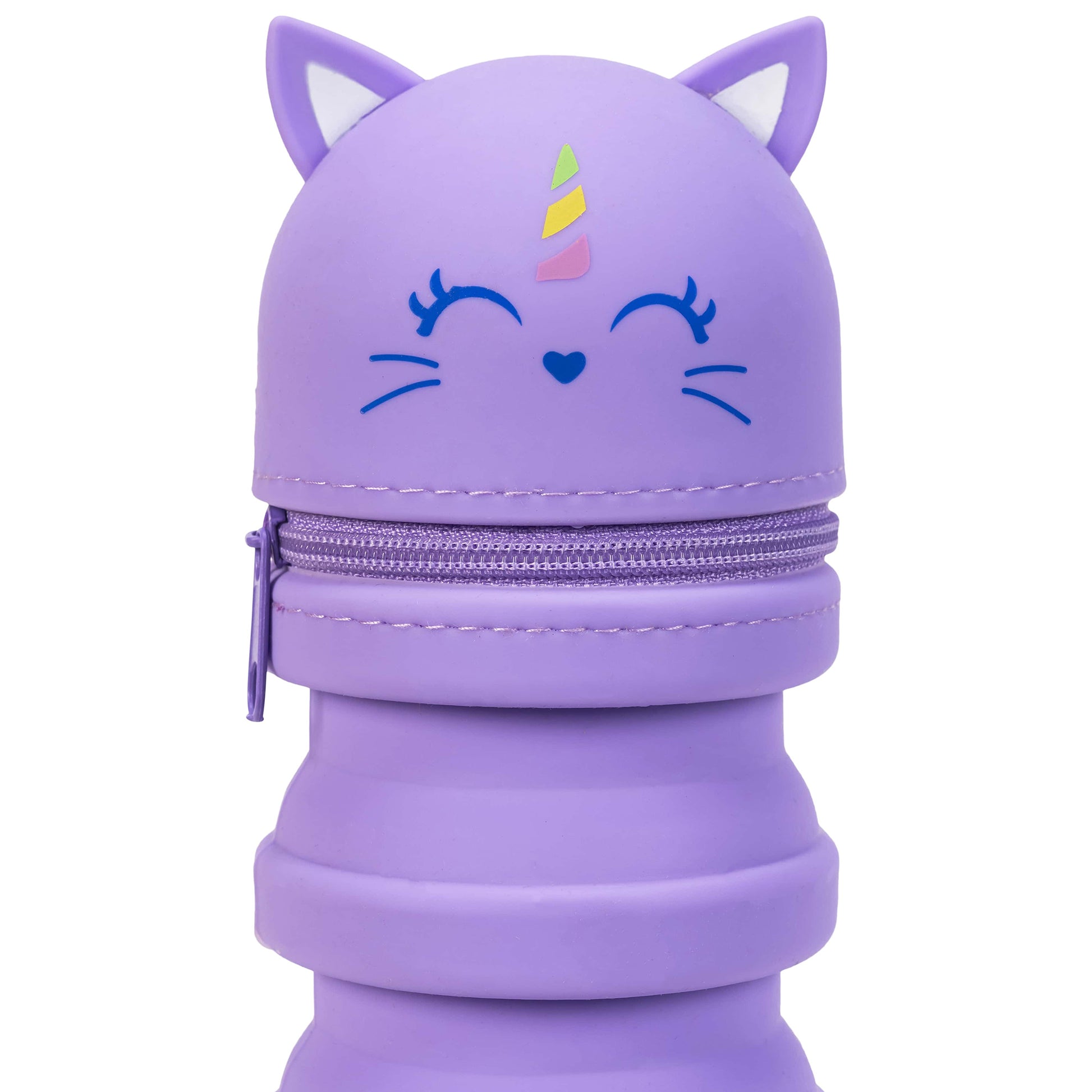 Purple unicorn retractable pencil case with blue facial features and colorful horn