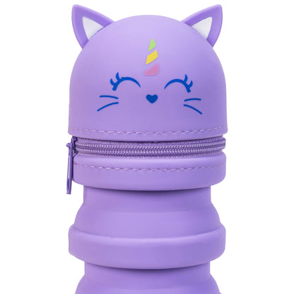 Purple unicorn retractable pencil case with blue facial features and colorful horn