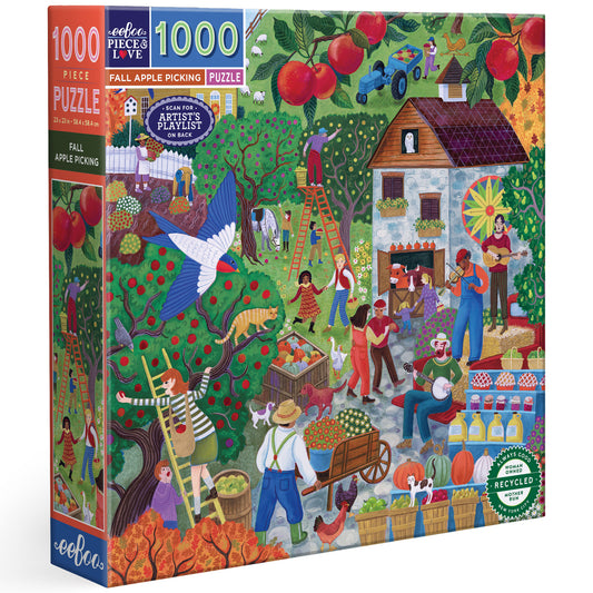 eeBoo Fall Apple Picking 1000 Piece Jigsaw Puzzle with colorful autumn orchard scene