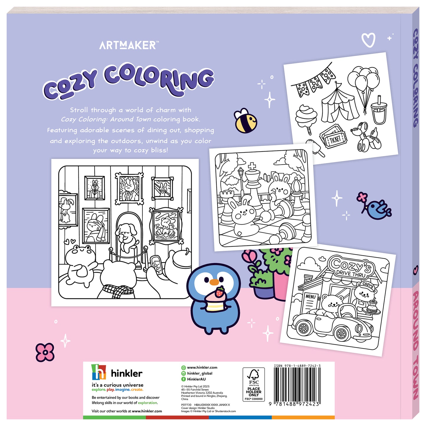 Art Maker Cozy Coloring Around Town book with purple box and cute character