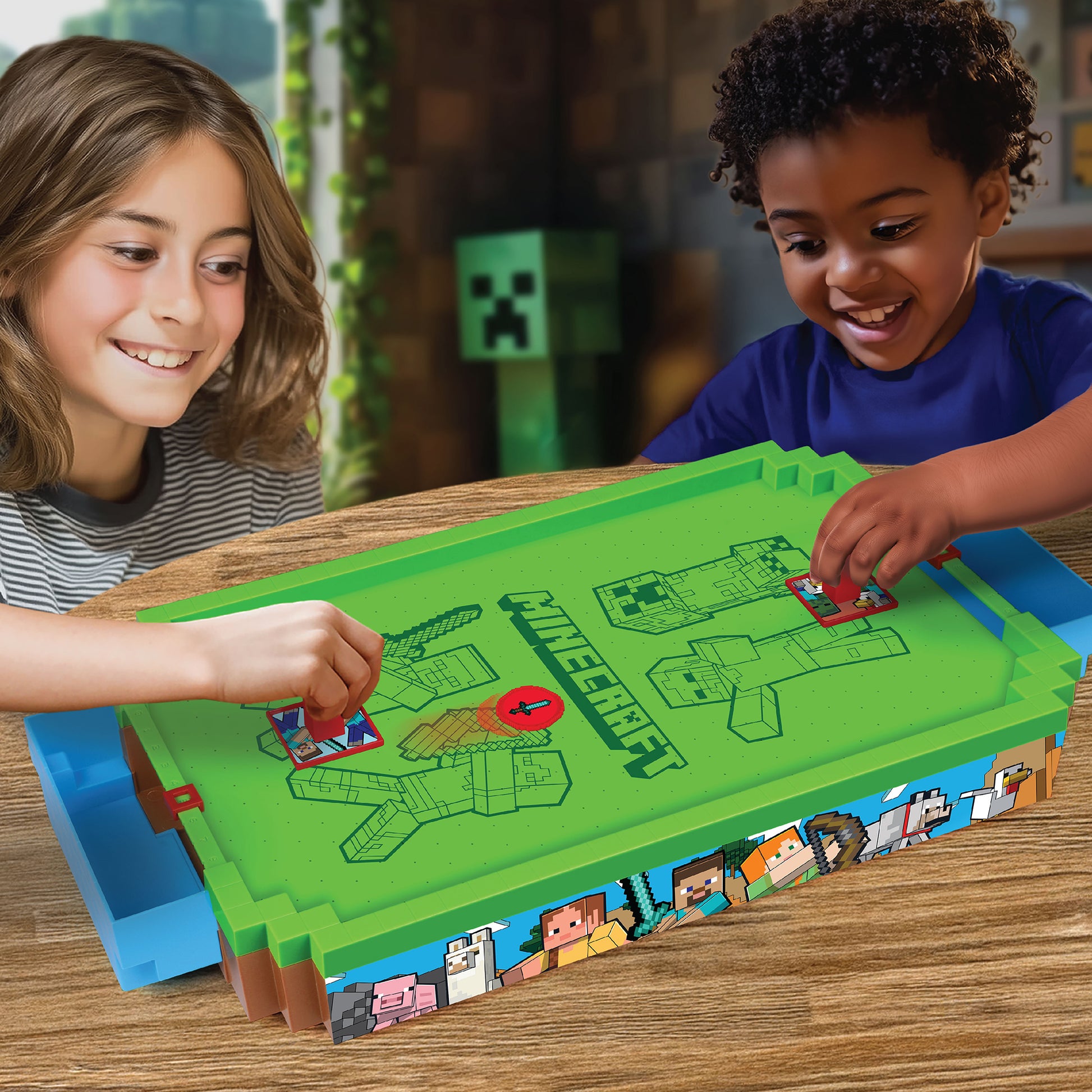 Minecraft Arcade Air Hockey Premium Series kids playing with green Overworld themed table