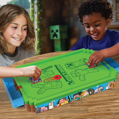 Minecraft Arcade Air Hockey Premium Series kids playing with green Overworld themed table