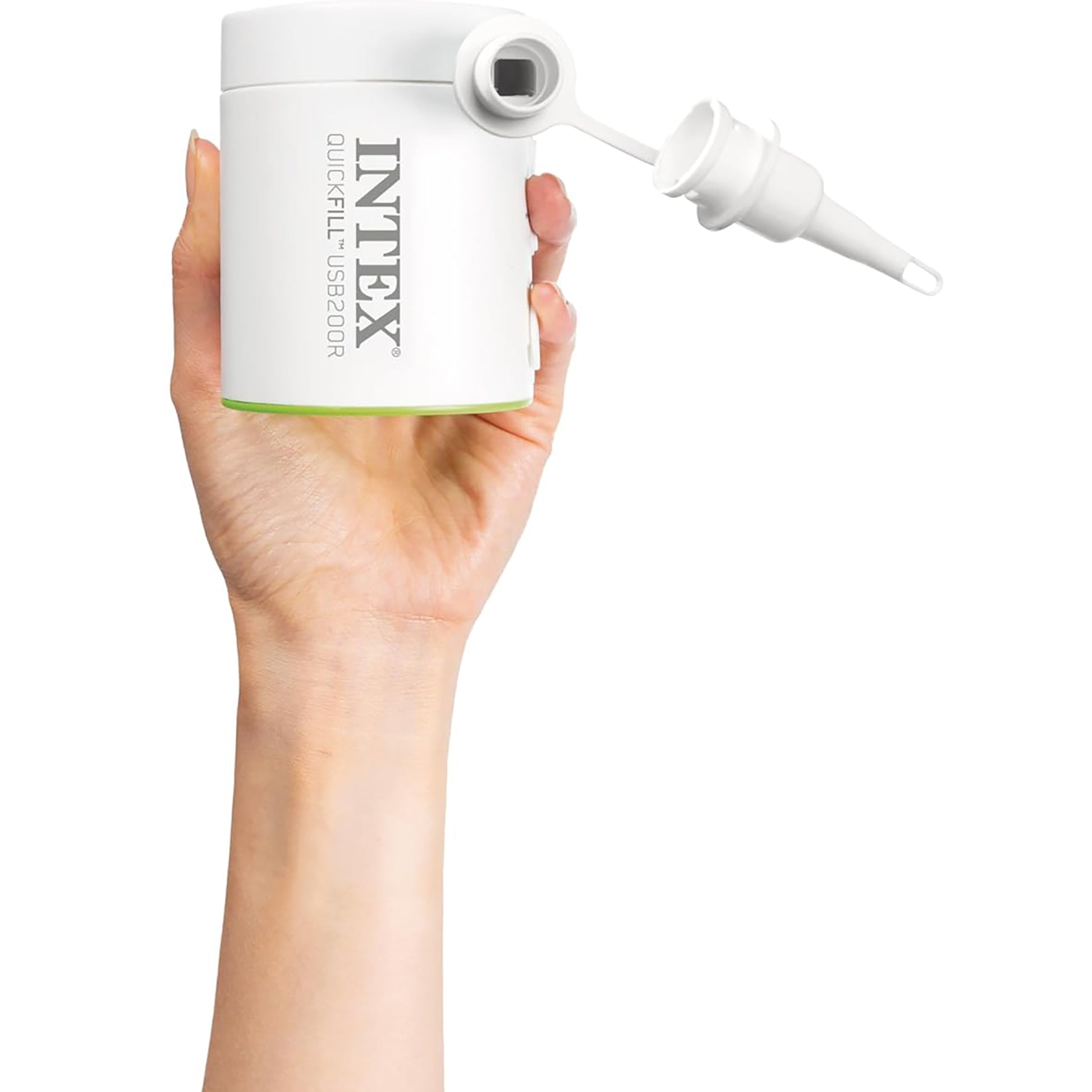 Intex Quickfill USB200R air pump in white with green accent, shown in hand