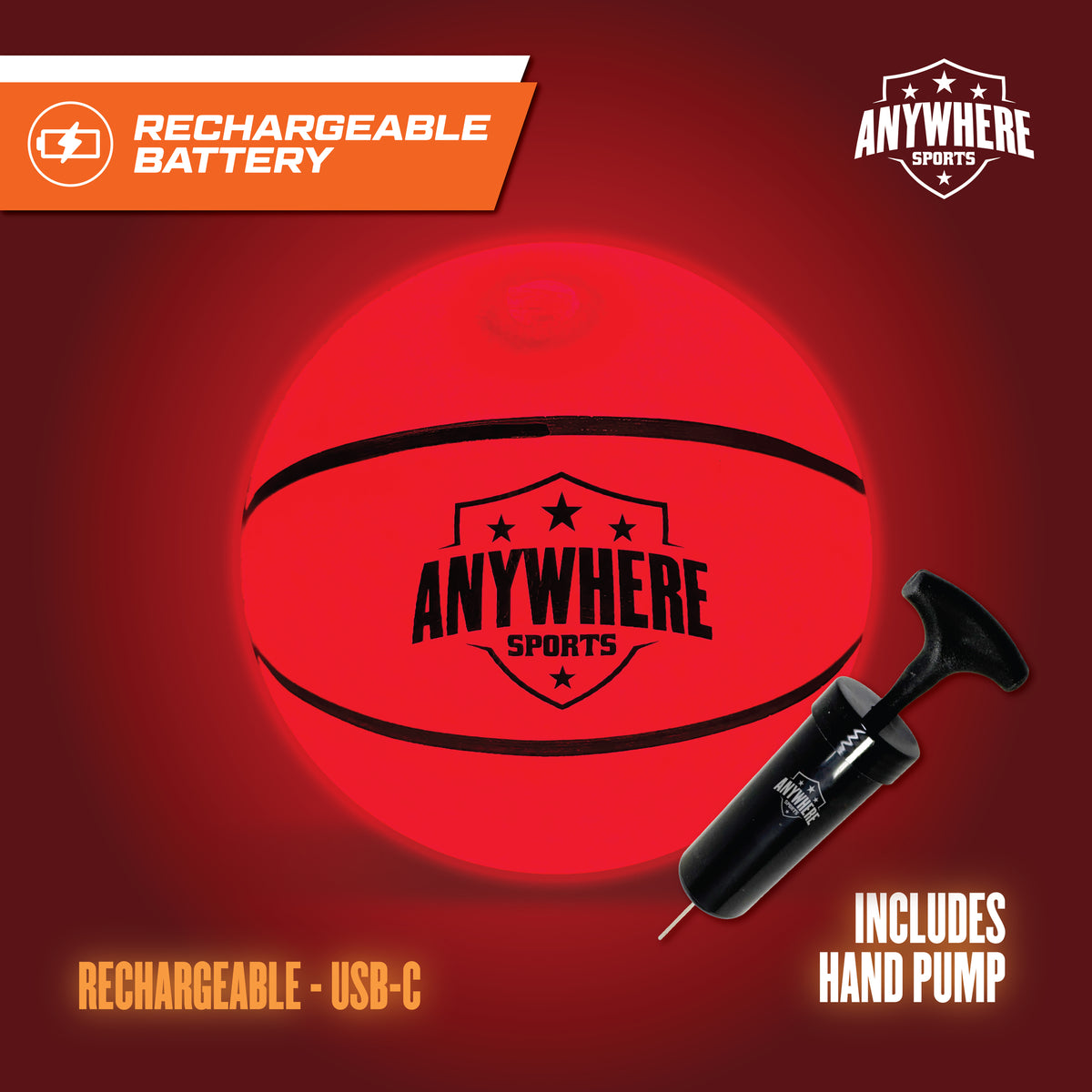Anywhere Sports LED Basketball in bright red with black stripes, glowing, shown with included hand pump
