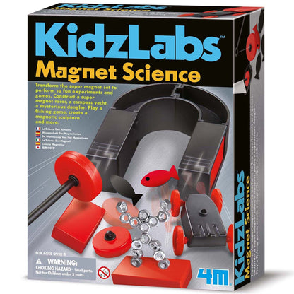 4M KidzLabs Magnet Science kit with red magnets, black racer toy, and metal balls for 10 experiments