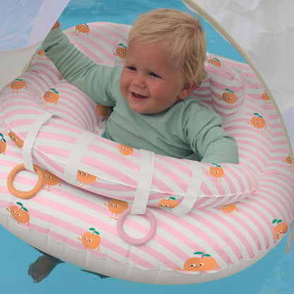 Poppy the Peach Interactive Baby Float in pink stripe with orange teething rings