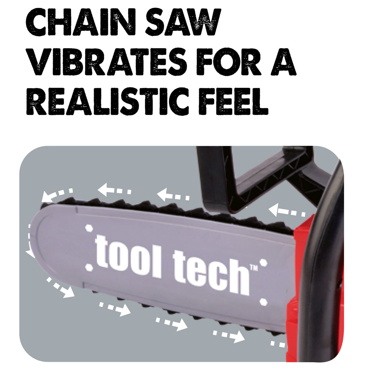 Tool Tech Powered Chain Saw toy with vibrating chain, red and gray design, includes goggles
