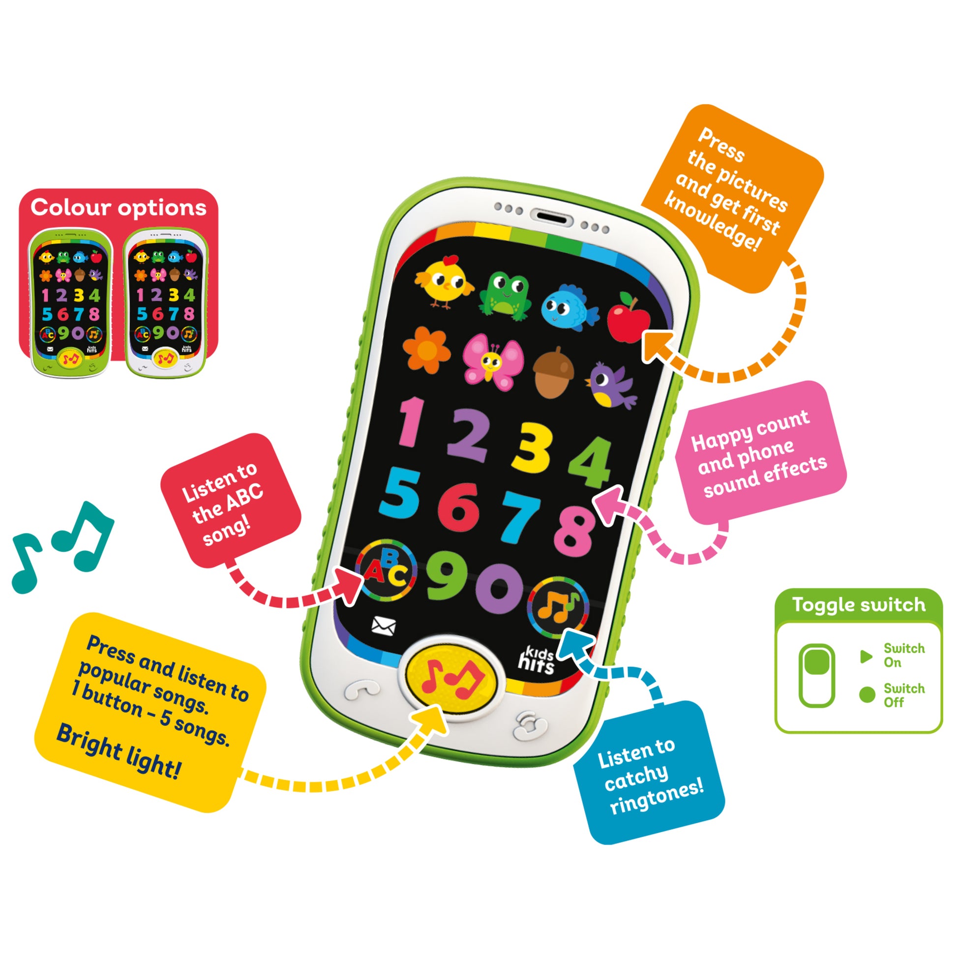 Kids Hits Smart Phone toy with colorful numbers, animals, and interactive buttons for learning ABCs and counting