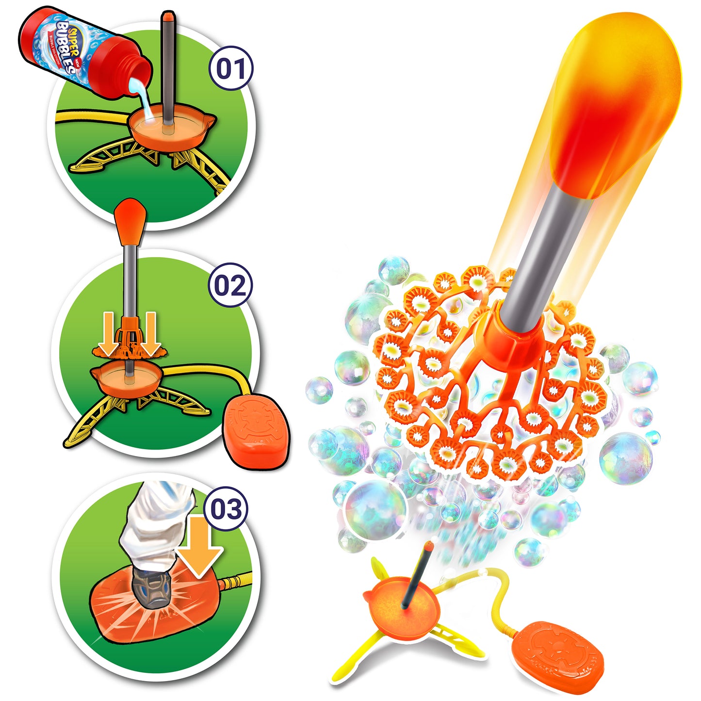 Air Powered Bubble Rocket toy with orange launcher, colorful bubbles, and instructions