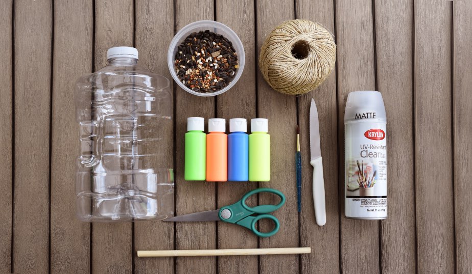 flat lay of the supplies for the diy bird feeder activity for kids