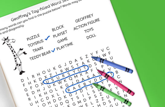 Geoffrey’s toy-filled word search